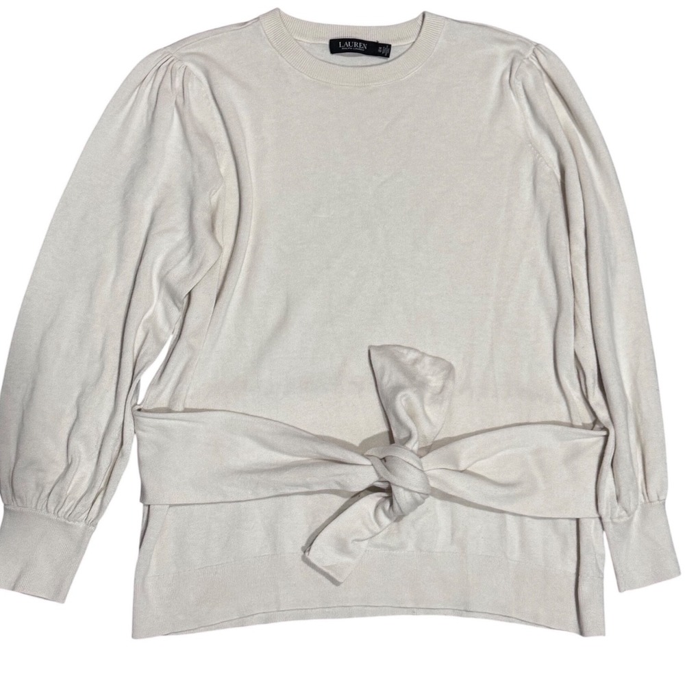 Lauren Ralph Lauren Black Label Tie-Front Sweater Women 1X Cream Puff Sleeve Top - Picture 5 of 12